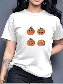 ¡Espíritu de Halloween! Camiseta Casual de 180G con un Lindo Diseño de Linterna de Calabaza - Perfecta para Fiestas Navideñas y Salidas Familiares - Blanco - Ver 7