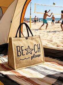 「Beach Please」帆布托特包與拉鍊收納袋套組，星星與波浪圖案帆布海灘包附拉鍊收納袋，女款可重複使用大容量海灘包，可裝毛巾、防曬乳與日常用品，小收納袋可裝化妝品與貴重物品 - 彩色 - 查看 11