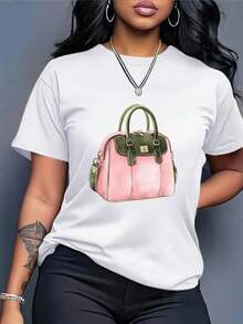 Cuello Redondo Talla Grande - Camiseta de Mujer de 200 g/m² de Tejido Grueso - Camiseta Estampada de Corte Holgado, Diseño de Bolso Rosa, Top de Manga Corta con Cuello Redondo Transpirable, Adecuada para Uso Casual y Formal - Moda de Verano Estilo Bohemio, Camisa Versátil Elegante para Todas las Temporadas, Camiseta de Mujer, Comodidad Diaria, Ropa Casual a la Moda, Camisa de Textura Suave, Tela Cómoda, Camisa Elegante, Material Ligero, Camisa a la Moda, Blusas Casuales de Mujer. - Negro - Ver 6
