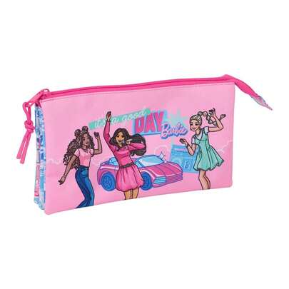 Safta | Triple Pencil Case Barbie 22 X 12 X 3 Cm (0.8 Liters), Children's School Pencil Case With 3 Separate Compartments And Zipper, Central Inner Pocket With Zipper, Back To School Organizer
