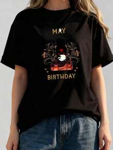 1 pieza de camiseta gráfica para mujer con diseño del mes de mayo - Suave, de 180 g/m², de manga corta y cuello redondo, blanca con letras doradas y estampado divertido de flores de mayo y mariquitas, atuendo informal para fiesta de cumpleaños, 100% algodón. - Negro 2 - Ver 1