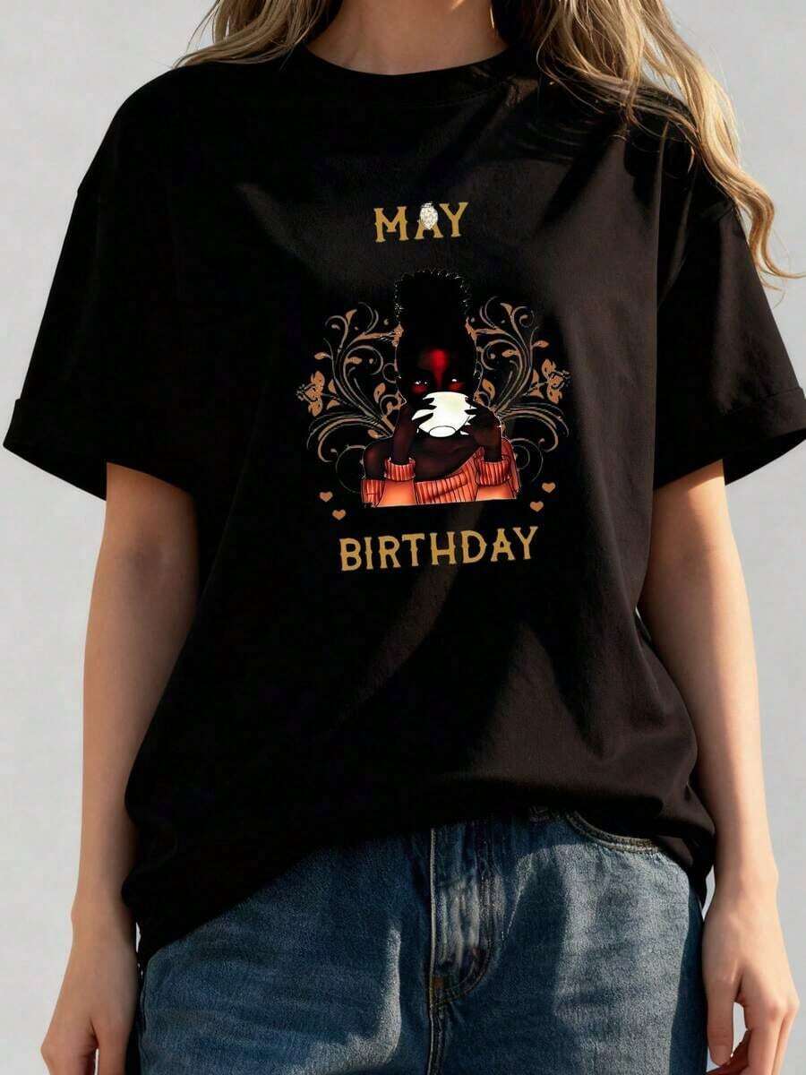 1 pieza de camiseta gráfica para mujer con diseño del mes de mayo - Suave, de 180 g/m², de manga corta y cuello redondo, blanca con letras doradas y estampado divertido de flores de mayo y mariquitas, atuendo informal para fiesta de cumpleaños, 100% algodón. - Negro 2 - Ver 1