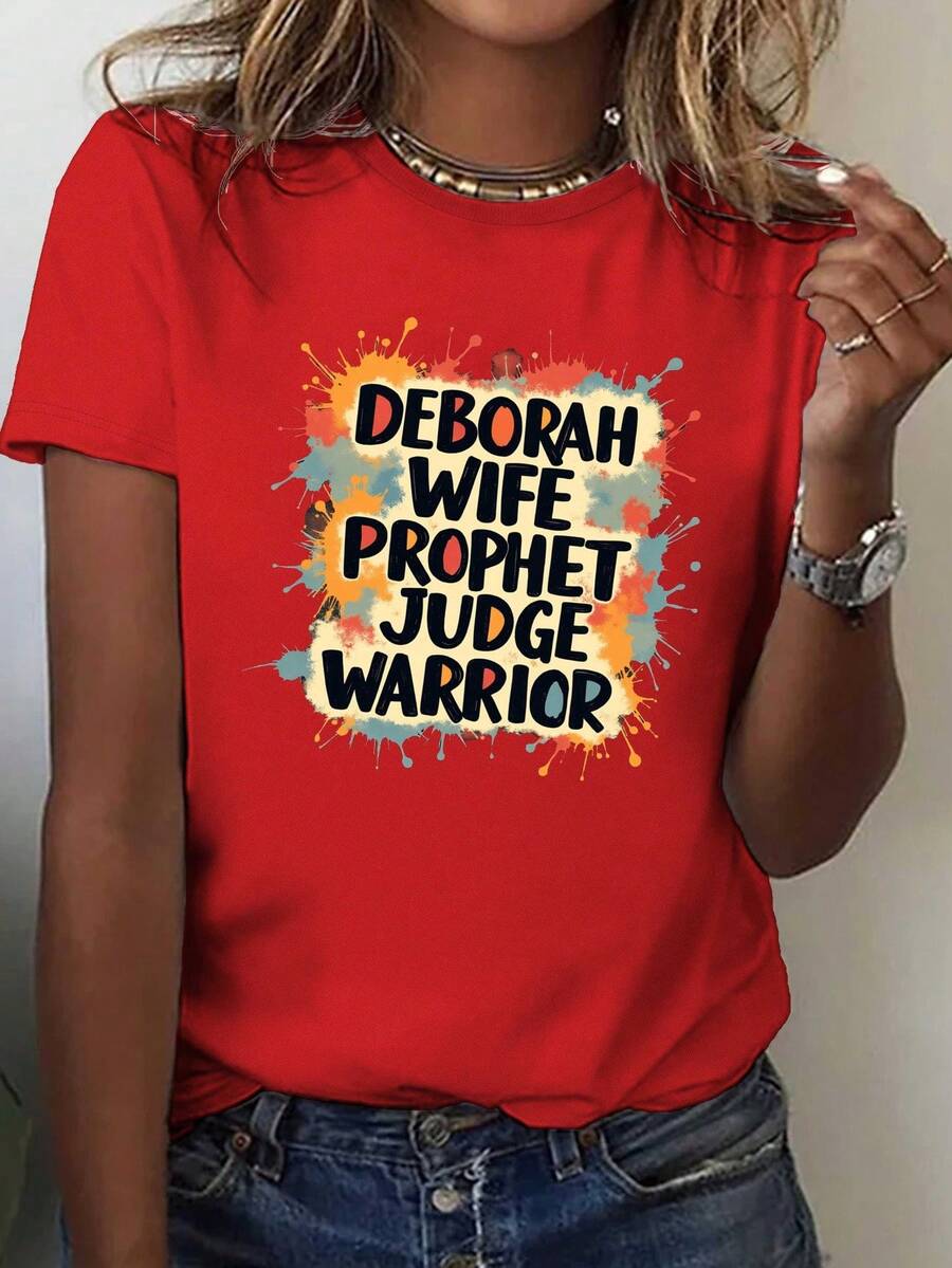 Camiseta para mujer "Deborah Esposa, Madre, Guerrero, Versículo Bíblico Cristiano" - Camiseta casual de manga corta 100% cómoda con un audaz estampado de la guerrera Juez Deborah y un diseño de versículo bíblico Hebreos 5:10, adecuada para eventos religiosos y uso casual - Tela suave y transpirable, lavable a máquina, apta para todas las estaciones, corte holgado, mangas cortas, longitud regular, opaca, adecuada para uso diario (inspirada en Deborah). - Rojo - Ver 1