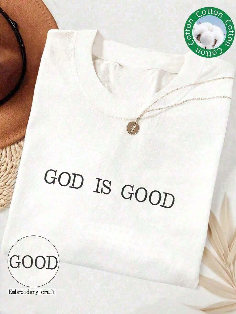 1 Piece Embroidered "God Is Good" Simple Style T-Shirt For Christian Faith, Faith T-Shirt, Religious Group T-Shirt, Embroidered Round Neck T-Shirt For Women, 180g 100% Cotton - 白色 - 查看 1