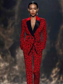 Conjunto Blazer Monoboton Liso y Estampado Leopardo Primavera Otoño para Mujer - Rojo - Ver 1