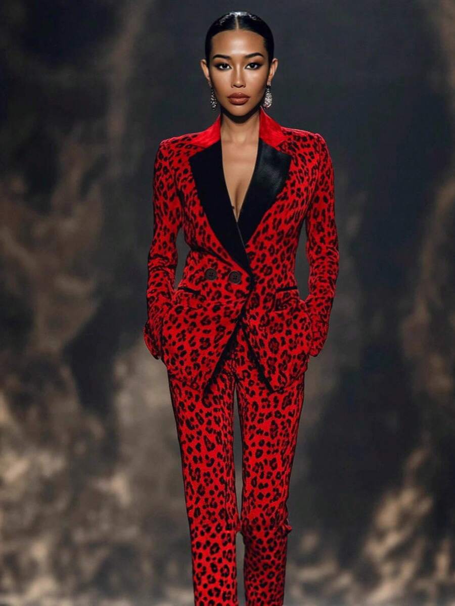 Conjunto Blazer Monoboton Liso y Estampado Leopardo Primavera Otoño para Mujer - Rojo - Ver 1