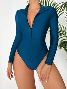 2026 Swim SPRTY Women's Minimalist Solid Color One-Piece Swimsuit With Zipper Closure, Suitable For Spring/Autumn Beach Vacation - Blue 2 - View 9