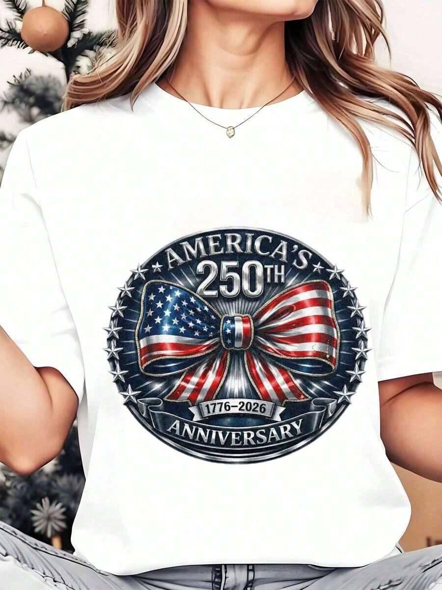 Women's Crew Neck T-Shirt, Patriotic Flag And Ribbon Design, Independence Day Celebration, 250g, Loose Fit T-Shirt For Women - 白色 - 查看 1