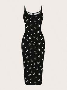 Vestido de tirantes ajustado con estampado floral minimalista y casual, adecuado para verano, vacaciones y playa - Multicolor - Ver 8