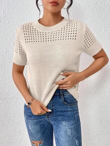 Top de punto de cuello redondo de unicolor con mangas cortas para verano, como ropa para Año Nuevo - Albaricoque - Ver 5