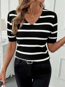 Suéter de punto casual con cuello en V, mangas raglán y rayas para mujer - Blanco y Negro - Ver 7