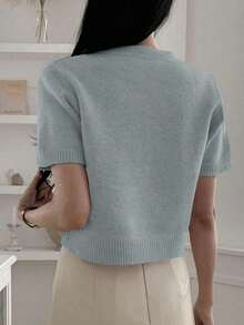 Blusa de punto ajustada de manga corta y cuello redondo para mujer, ropa casual de primavera y otoño - Azul - Ver 2