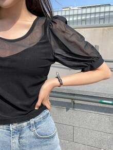 Top de mangas abultadas de malla de contraste, tops para salir de transparentes - Negro - Ver 8