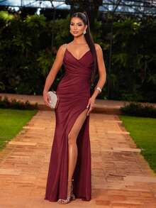 Elegant Long Dress For Bridesmaids, Parties, Graduations, Weddings, With Slit, Straps, Glitter, Trilobal Mesh, Sexy, Asymmetrical, For Parties Or Dates. - 紅木色 - 查看 2