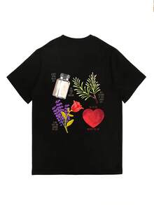 Camiseta de mujer de 180 g, manga corta, cuello redondo, corte holgado, estampado floral y de corazones, top casual, moda de verano 2024, adecuada para reuniones familiares, regalos corporativos para-building, uso diario - Camiseta unisex de algodón holgada de manga corta y cuello redondo estilo vintage urbano. - Negro - Ver 2