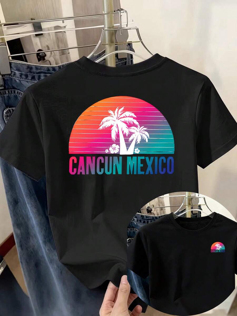 Women's T-Shirt With 'Cancun Mexico' Letter Print, Printed T-Shirt, Casual Summer Short Sleeve Round Neck Top, Double Print On Chest And Back, 100% Cotton. - 黑色 - 查看 1