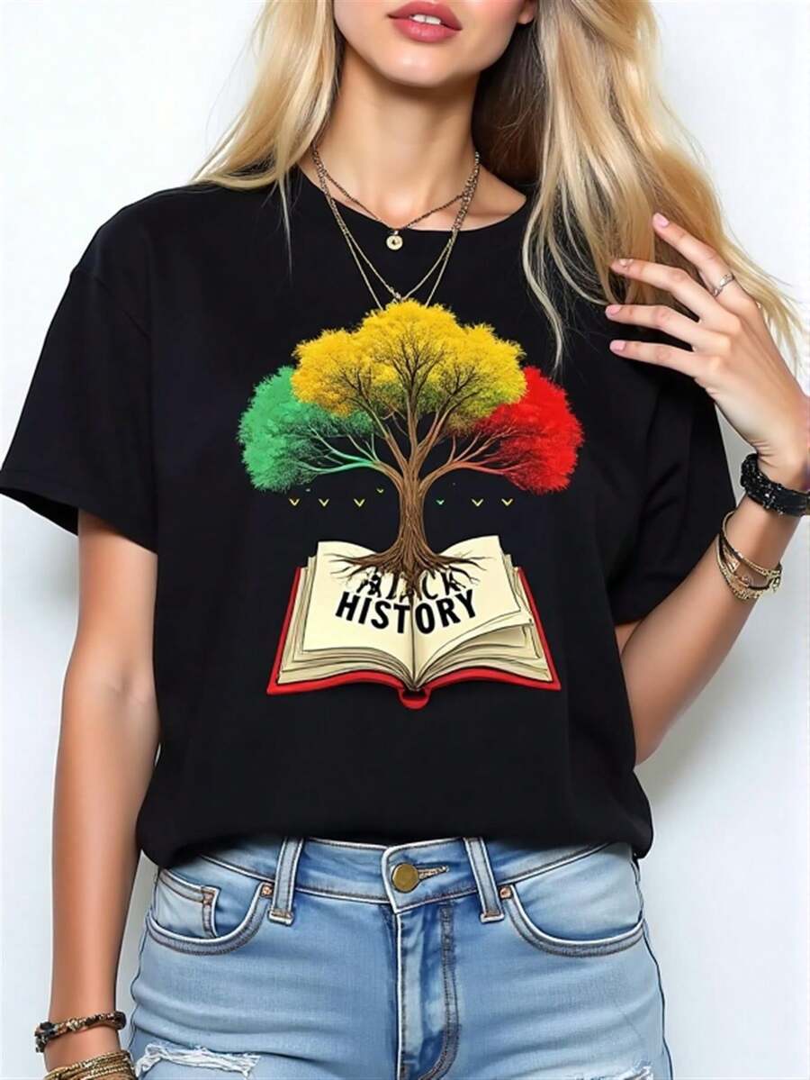 Camiseta de manga corta para mujer - Estilo vintage chino con estampado de libros y árboles, cuello redondo | Adecuado para uso casual | Ropa casual de primavera y verano | Regalo para amantes de los libros (lavable a mano) - Camiseta unisex de algodón suelto de manga corta y cuello redondo estilo vintage urbano - Negro - Ver 1