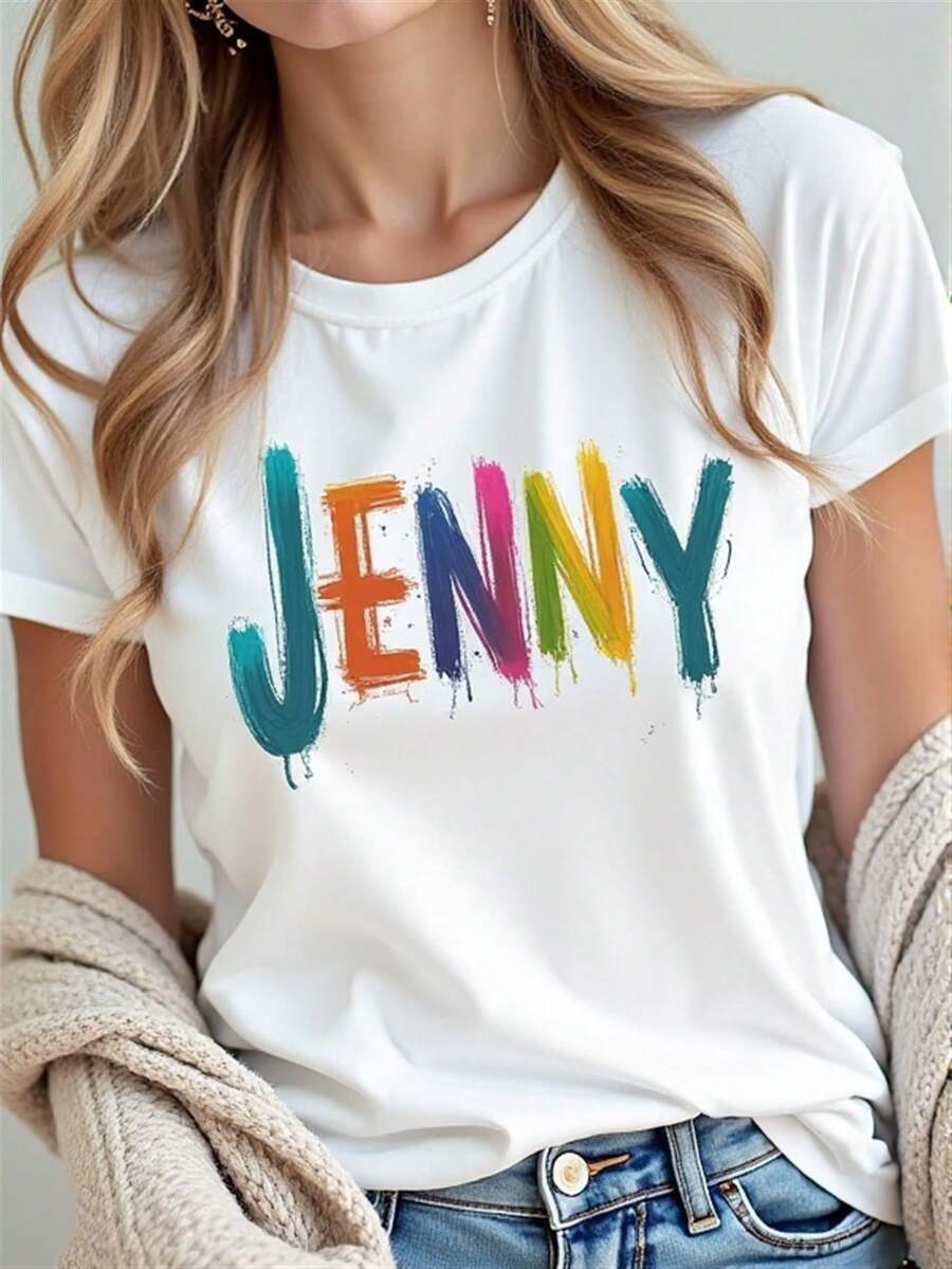 Camiseta negra ligera y duradera, adornada con un llamativo estampado de Jenny, adecuada para uso casual en casa, en cafeterías o durante actividades al aire libre, ofreciendo una experienci - Blanco - Ver 1