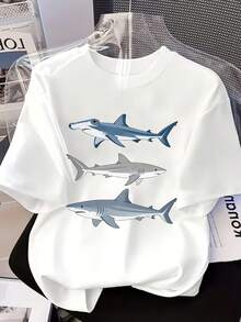 Diseño de Tiburón - Colección Primavera/Verano - Camiseta Casual de Mujer con Cuello Redondo y Mangas Cortas - Tejido Cómodo Ideal para Uso Diario - Blanco - Ver 1