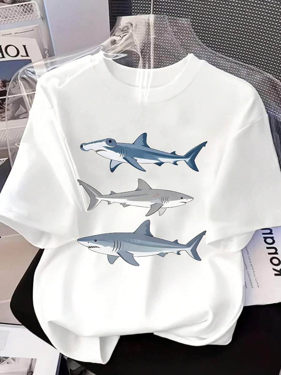 Diseño de Tiburón - Colección Primavera/Verano - Camiseta Casual de Mujer con Cuello Redondo y Mangas Cortas - Tejido Cómodo Ideal para Uso Diario - Blanco - Ver 1