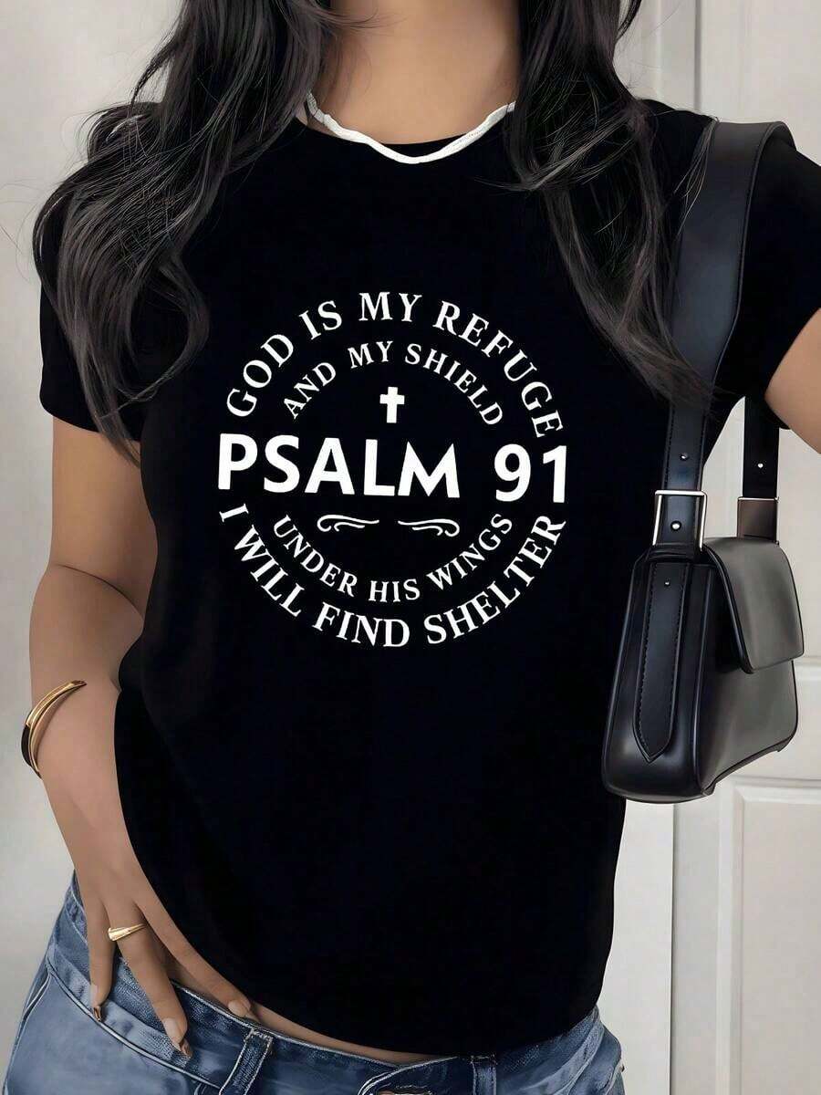 Camiseta con Estampado Gráfico de Versículo Bíblico Salmo 91, 180g, 1 Pieza, Camiseta Casual Inspiradora para Mujer, 100% Algodón, Estilo Espiritual Minimalista - Negro - Ver 1