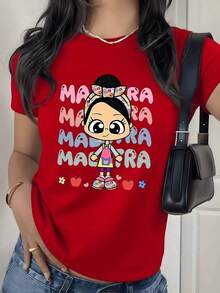 Camiseta con estampado gráfico de niña de dibujos animados y manzana, 180g, 1 pieza, temática divertida de maestra, camiseta casual 100% algodón para mujer, estilo streetwear de verano. - Rojo - Ver 9