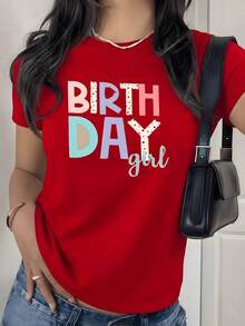 Camiseta con Estampado Gráfico de Cumpleaños para Mujer, 180g, 1 Pieza, para Fiesta y Celebración, 100% Algodón, Estilo Casual de Verano - Rojo - Ver 9