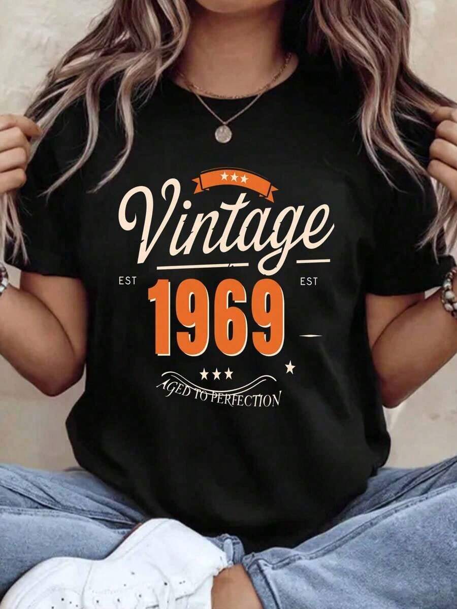 Vintage 1969 T-Shirt, Perfectly Aged, Birthday Gift For Women And Men, Classic Retro Style, For Celebrating A 50th Birthday, Party Wear, 220g - Vintage Urban Style T-Shirt, Unisex, Cotton, Short Sleeve, Crew Neck, 100% Cotton - 黑色 - 查看 1