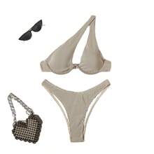 Traje de baño de dos piezas para mujer, de nueva moda, sexy, de un solo hombro, de color sólido, bikini de alta gama para playa. - Bikini asimétrico de color liso con estampado transfronterizo - Ver 6