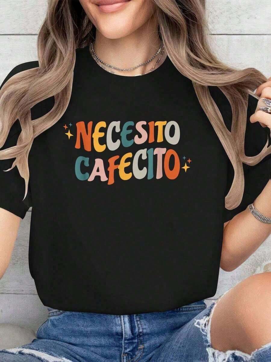 Necesito Cafecito Camiseta de Algodón Estampada con Diseño de Café Español para Verano, Blusa de Manga Corta Suave para Mujer, Camiseta Gráfica Moderna y Cómoda, blusa casual mujer, playeras de mujer algodón - Negro - Ver 1