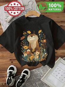 Playera de Algodón 100% con Divertido Diseño de Nutria entre Flores para Mujer u Hombre Fresca y Cómoda Ideal para Outfit Casual de Primavera y Verano  2023 en Moda Mexicana - Negro - Ver 8