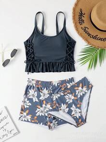 Nuevo bikini sexy y a la moda con tirantes dobles, bragas estampadas de doble pieza, traje de baño de tres piezas para mujer. - Negro - Ver 9