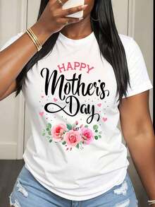 Camiseta de Mujer con Estampado Floral de Rosas para el Día de la Madre, Ropa Casual de Primavera Verano, Regalo para Madres - Blanco - Ver 6