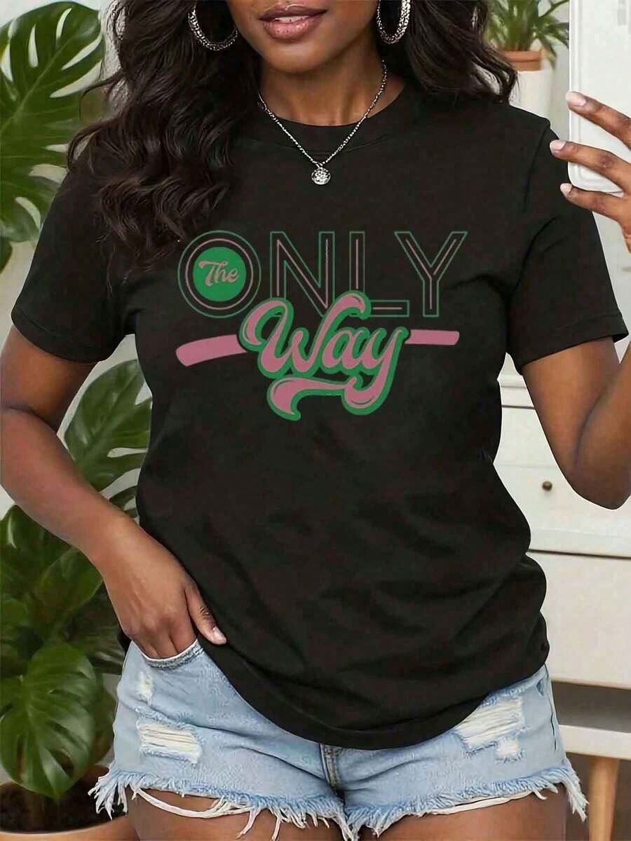 Women's Vintage Style Cotton T-Shirt With Lisbon Slogan Print, 'The Only Way' Print Tee, Crew Neck, Summer Casual Wear, Gift For Sisterhood AKA, 220g, For Everyday Summer Wear - 黑色 - 查看 1