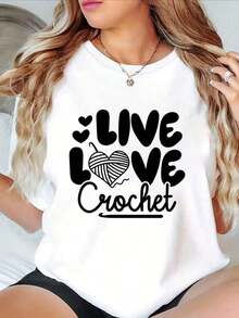 ComfortableCamiseta de Mujer con Diseño de Crochet - Estampado de crochet LIVE LOVE con diseño de corazón, top casual de manga corta en blanco y negro, cuello redondo, lavable aáquina, adecuada para uso diario en primavera y verano, ropa divertida de crochet, textura suave, camiseta estampada a, camiseta estampada de algodón de una sola cara. Camiseta de manga corta para mujer, estilo básico que combina con todo, para uso interior y exterior. - Blanco - Ver 7
