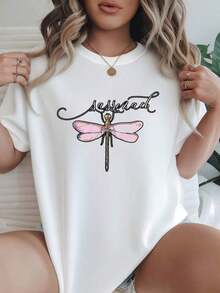 Camiseta de mujer, corte holgado casual, opciones en negro y blanco, estampado de libélula Sassonath, camisetas de uso diario de verano, tops de verano, camisetas gráficas, conjuntos de verano, camisetas gráficas de mujer, tops cortos de mujer, tops vintage de algodón, ropa linda para mujer, blusas para mujer. - Blanco - Ver 1