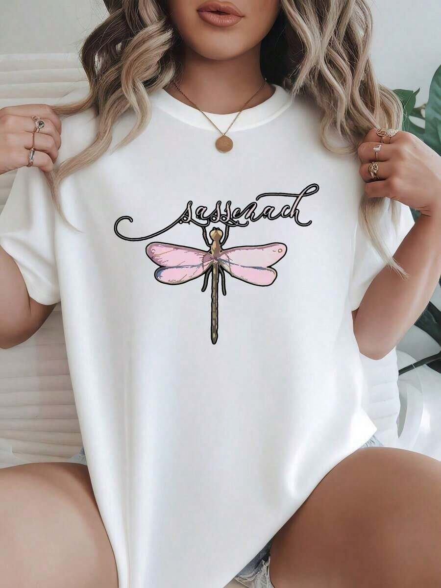 Camiseta de mujer, corte holgado casual, opciones en negro y blanco, estampado de libélula Sassonath, camisetas de uso diario de verano, tops de verano, camisetas gráficas, conjuntos de verano, camisetas gráficas de mujer, tops cortos de mujer, tops vintage de algodón, ropa linda para mujer, blusas para mujer. - Blanco - Ver 1