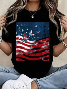Camiseta Casual de Manga Corta Blanca con Diseño de Estampado de Mariposa y Bandera Americana, playeras de mujer - Negro - Ver 7