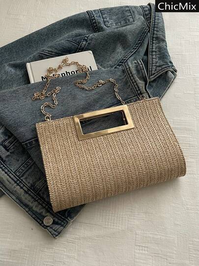 Fashionable New Solid Color Hardware Decoration Personalized Elegant Shoulder Bag, Classic And Popular Grass Woven Gold Chain Square Women's Crossbody Bag, Suitable For Shopping, Wallets, Shopping, Young Women, College Students, Newcomers, And White-Collar Workers. They Are Very Suitable For Offices, Universities, Work, Business, Commuting, Outdoor Activities, Travel, And Outings