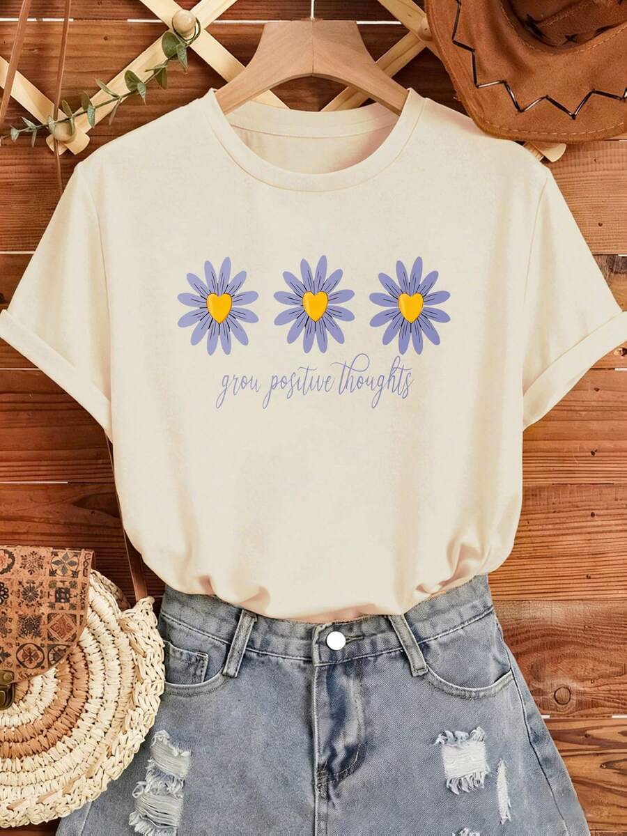 E012 [Nueva Camiseta de Manga Corta con Cuello Redondo y Estampado Floral] Top Deportivo Casual de Verano, Algodón Puro, Lavable a Máquina HNDL - Albaricoque - Ver 1