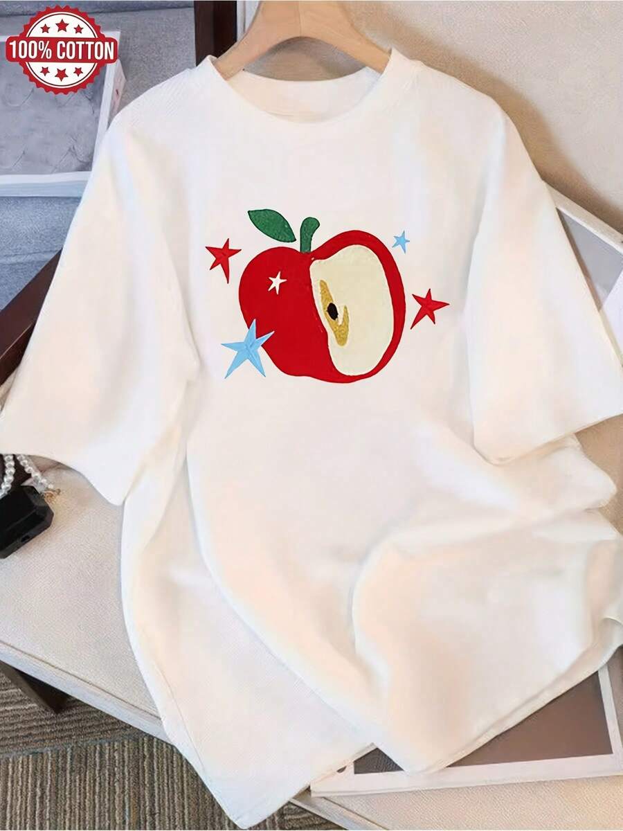 Camiseta de Mujer de Diseño Simple y Versátil, Suave y Holgada, con Cuello Redondo y Estampado de Manzanas Brillantes - Top casual de manga corta, adecuado para deportes, viajes y uso diario, lavable a máquina, sin relleno en el pecho, ideal para entrenamiento físico o uso cotidiano. Camiseta de Algodón. - Blanco - Ver 1