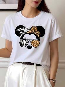 Tops de Mujer, Camiseta de Verano 100% Algodón Puro con Cuello Redondo y Manga Corta, Diseño con Estampado Artístico de Orejas Delicadas con Rayas de Cebra y Jirafa, Suave, Transpirable, Elegante, Versátil, Casual para Uso Diario. - Blanco - Ver 6