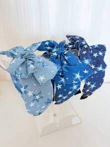 1pc Women's New Double-Layer Bow Headband, Versatile Fashion Elegant Denim Star Print Hair Accessory Hairband - Multicolor - View 5