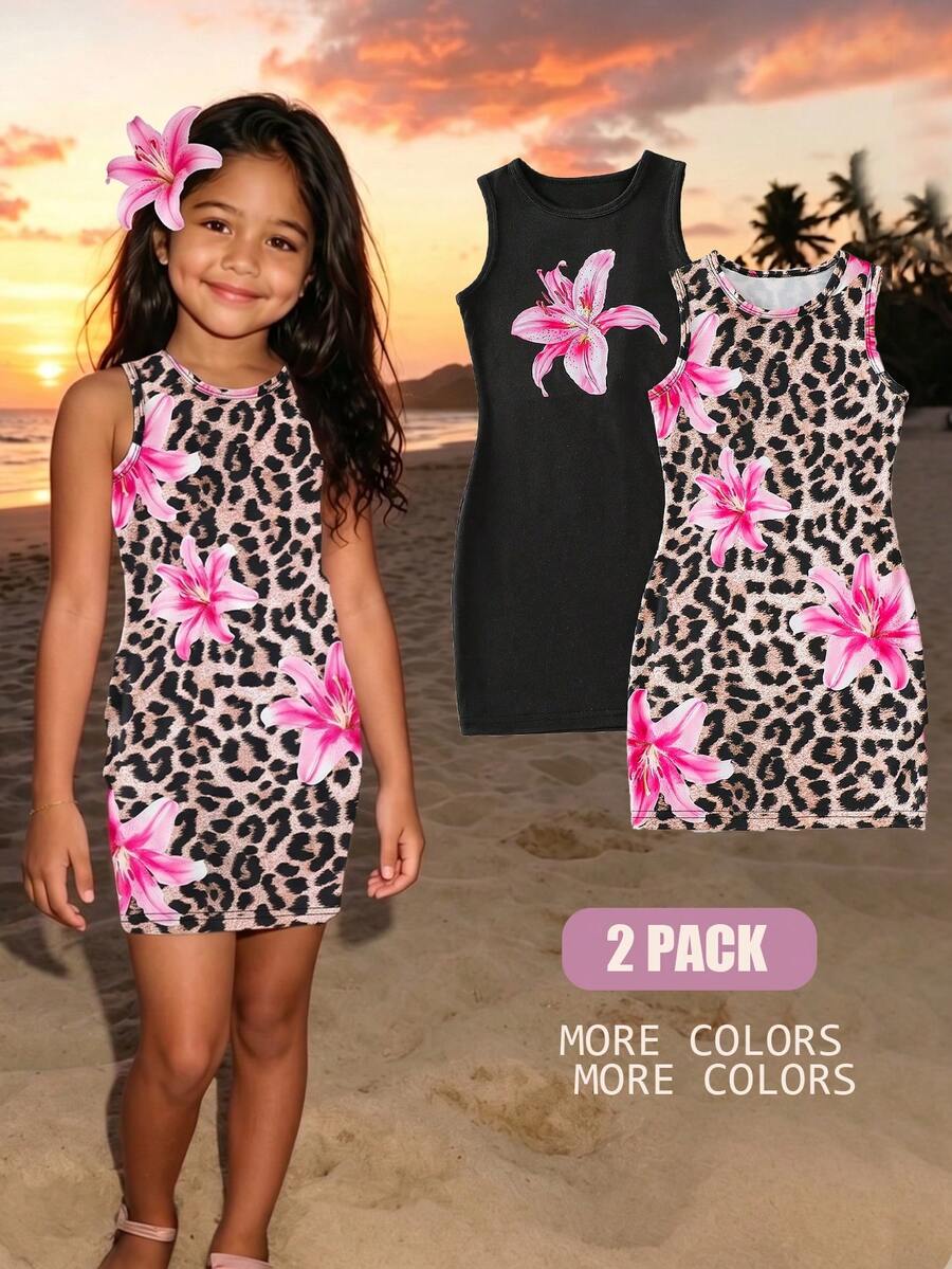 2pcs/Set Young Girls' Summer New Fashionable Versatile Floral & Leopard Print Sleeveless Round Neck Fitted Dress, Suitable For Outdoor Wear - Black - View 1