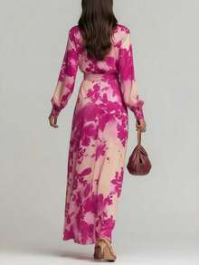 Vestido largo con estampado cuello en V manga larga diseño lazos estilo elegante - Rosa - Ver 4