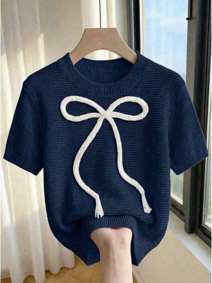 2026Franclia New Women's Sweet And Cute Pink Casual Knit Sweater With Bow, Short Sleeve Baby Pink Bow Blouse For Spring/Summer, Cute Knit Blouses With Bow For Women - 皇家藍 - 查看 1