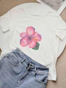 Camiseta Casual De Manga Corta Con Cuello Redondo Y Color Sólido - Blanco 3 - Ver 3