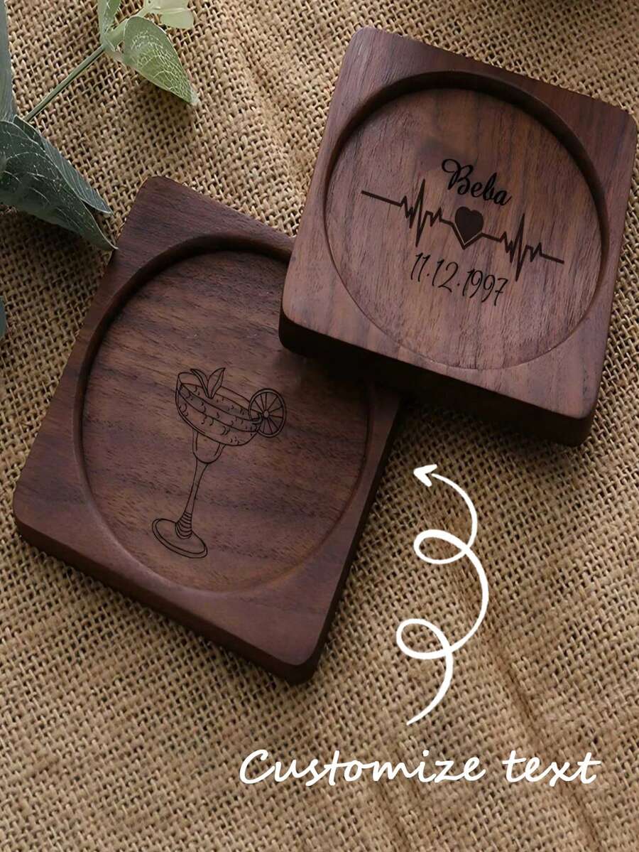 1 buah/4 buah Tatakan Gelas Kayu Walnut Ukir Kustom, Tatakan Gelas Persegi dengan Teks/Nama/Tanggal yang Dipersonalisasi, Tatakan Minuman Kayu Tahan Panas untuk Mug Kopi dan Teh, Dekorasi Meja Bergaya Pedesaan, Ideal untuk Hadiah Pernikahan/Ulang Tahun/Hari Jadi - Beraneka warna - View 1