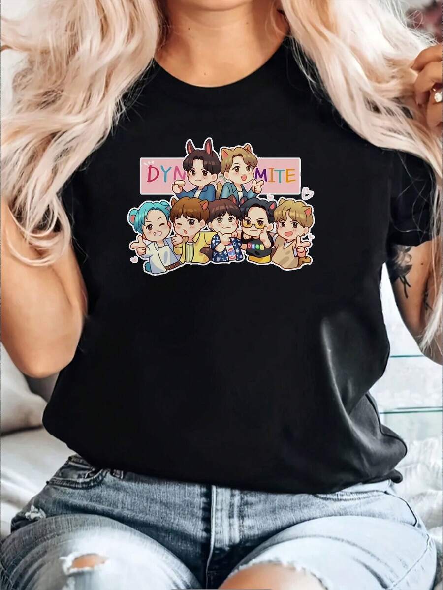 Camiseta de de Manga Corta con Estampado de Grupo de Chicos K-POP, Cuello Redondo Casual, Corte Regular, Tela Cómoda para Todas las Estaciones, Ideal para Uso Diario, Promocional, Camiseta Elegante para Mujer, Camiseta Hermosa para Mujer - Negro - Ver 1