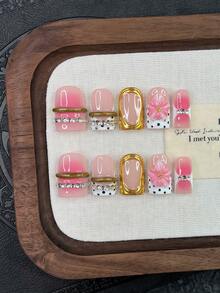 10 piezas Conjunto de uñas postizas cuadradas Y2K - Hechas a mano, uñas rosas, uñas doradas, uñas con puntas francesas blancas y doradas, flores rosas 3D hechas a mano y diseño de anillo dorado 3D, arte de uñas con joyería 3D, diseño de lunares negros y dorados dibujados a mano, uñas degradadas rosas dibujadas a mano - Multicolor - Ver 1